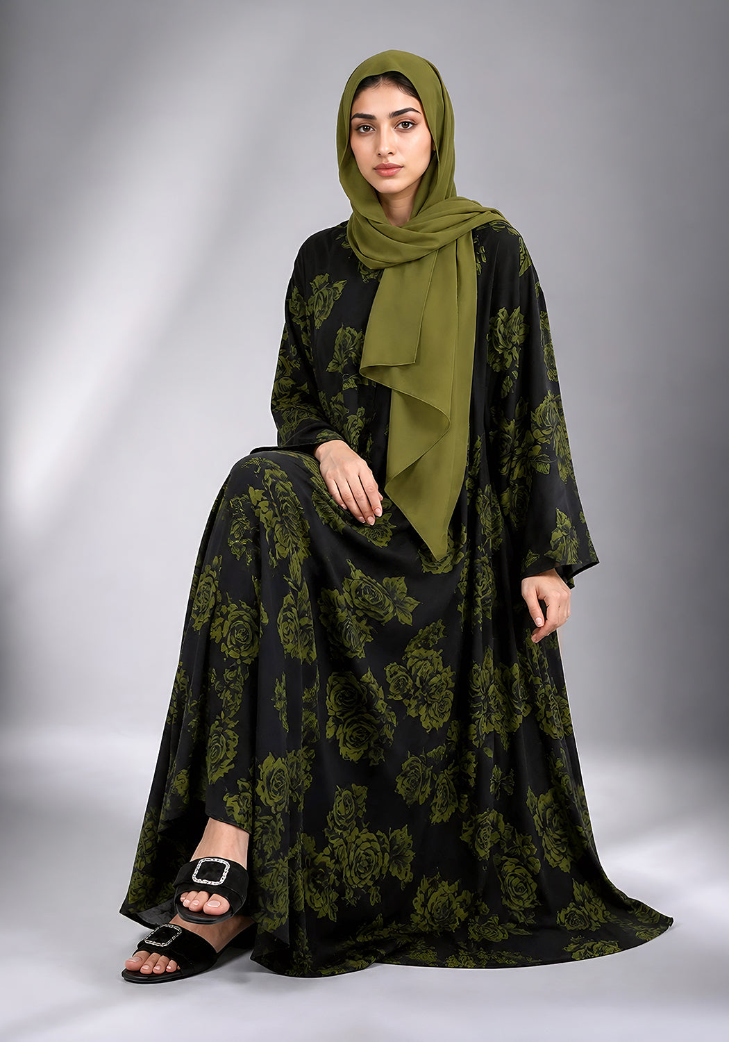 Black and Green Printed Abaya