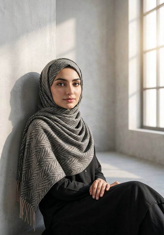 Palm Leaf Cashmere Hijab - Black-Fawn