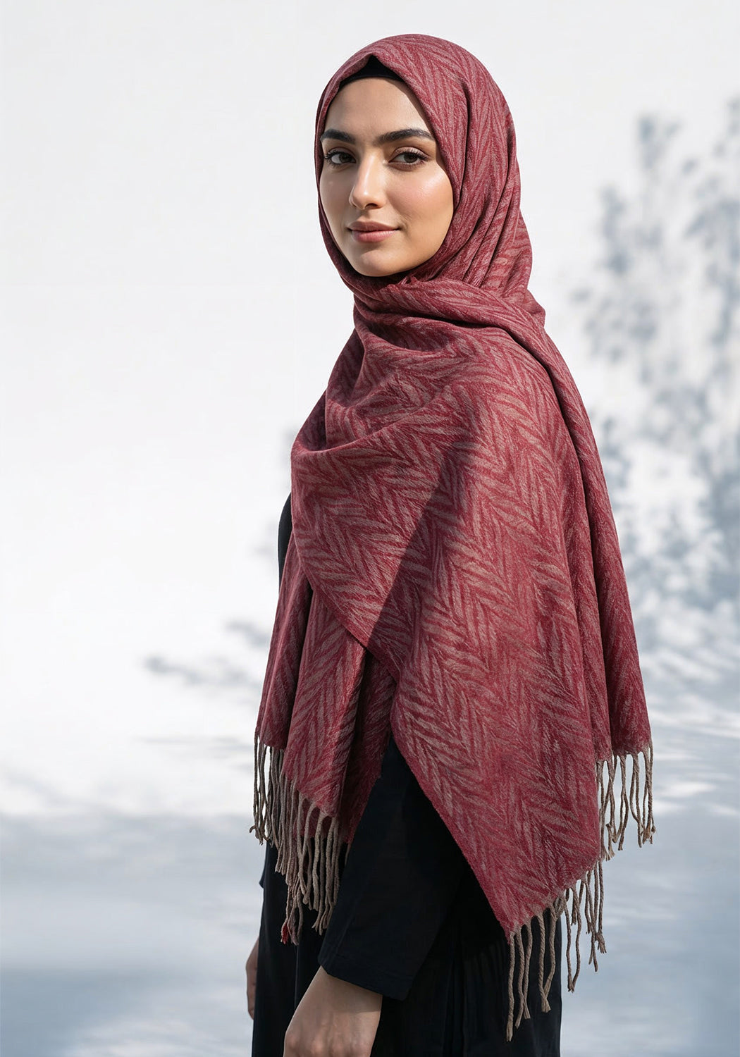 Palm Leaf Cashmere Hijab - Maroon