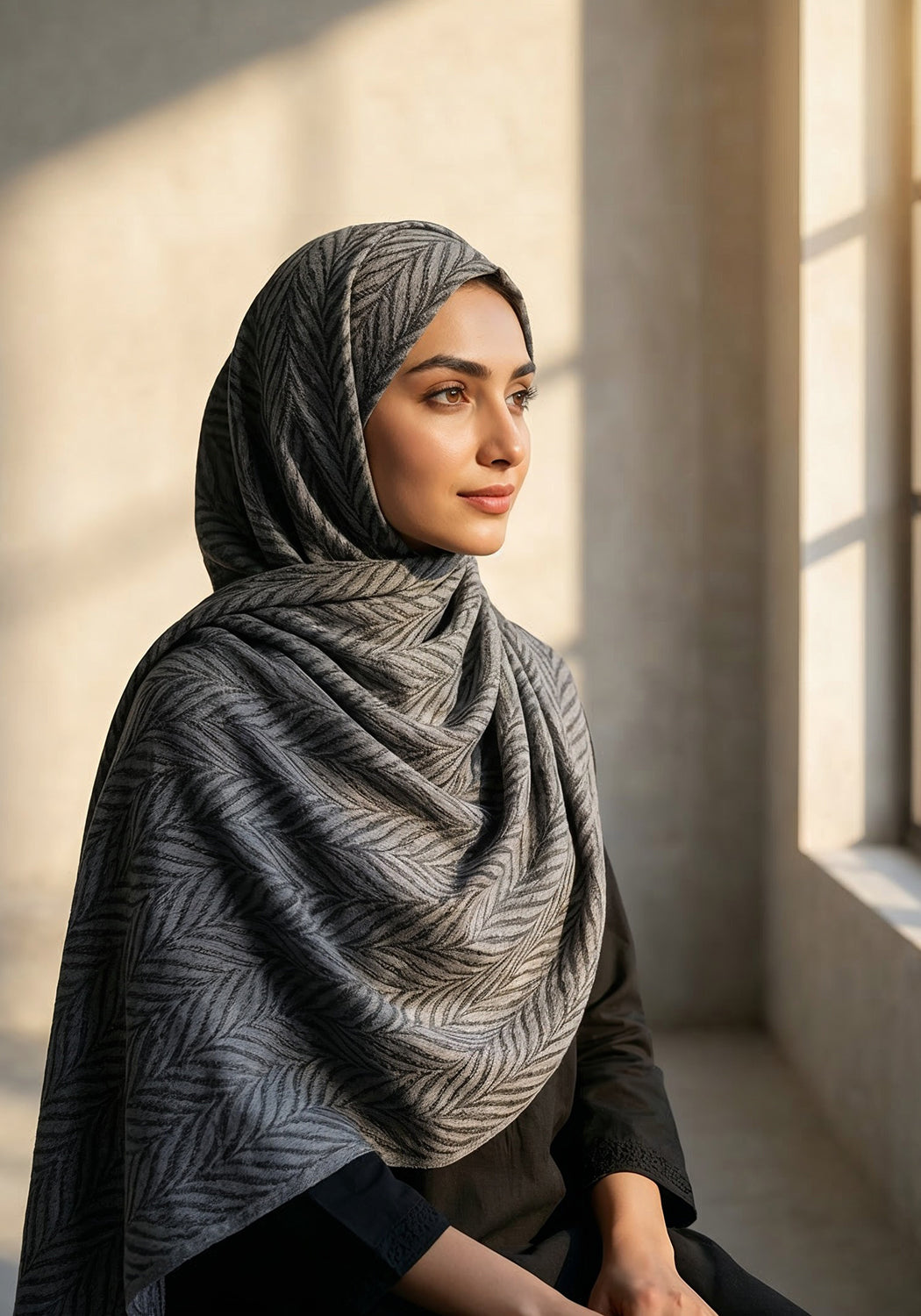 Palm Leaf Cashmere Hijab - Charcoal