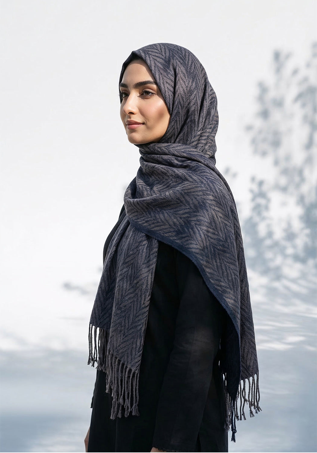 Palm Leaf Cashmere Hijab - Navy Blue