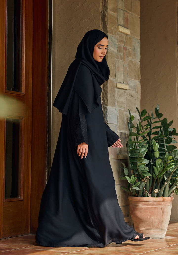Black Front Close Embroidered  Abaya