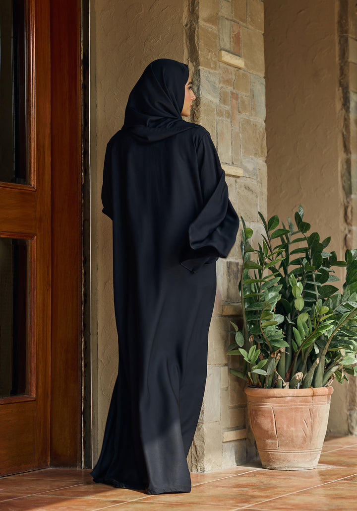 Black Front Close Embroidered  Abaya