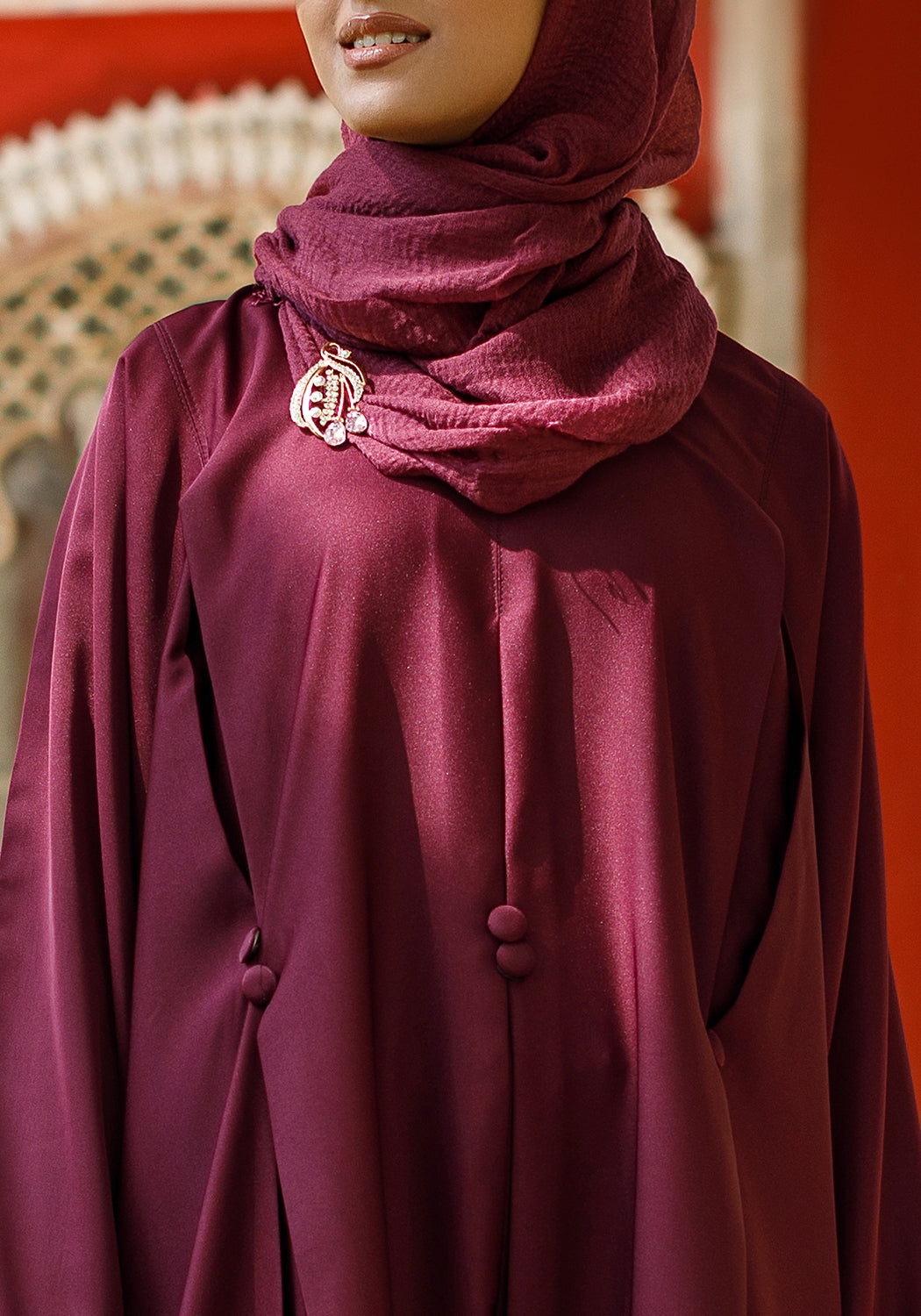 Front Closed Pleated Button Abaya Fawn