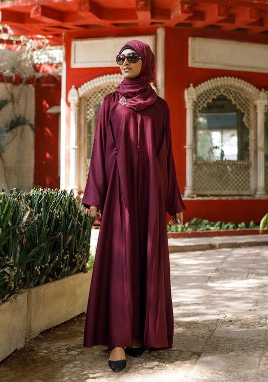 Front Closed Pleated Button Abaya Fawn