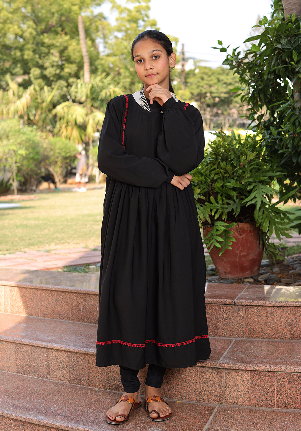 Kids Front Closed Black Red Less Abaya