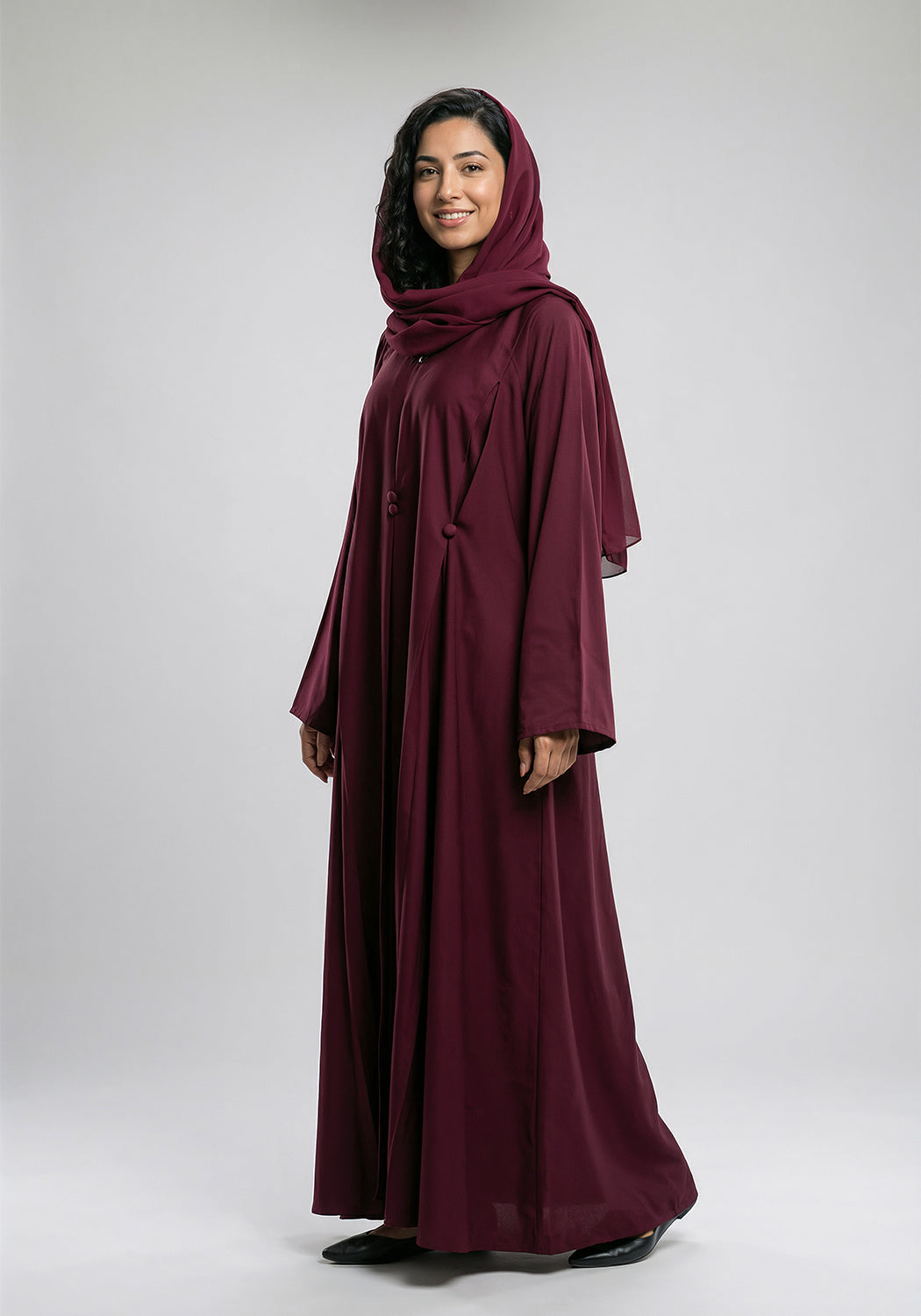 Free Size Pleated Button Abaya - Maroon