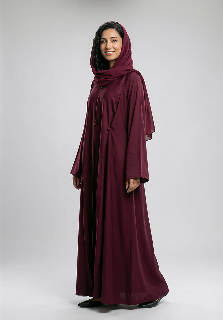 Free Size Pleated Button Abaya - Maroon
