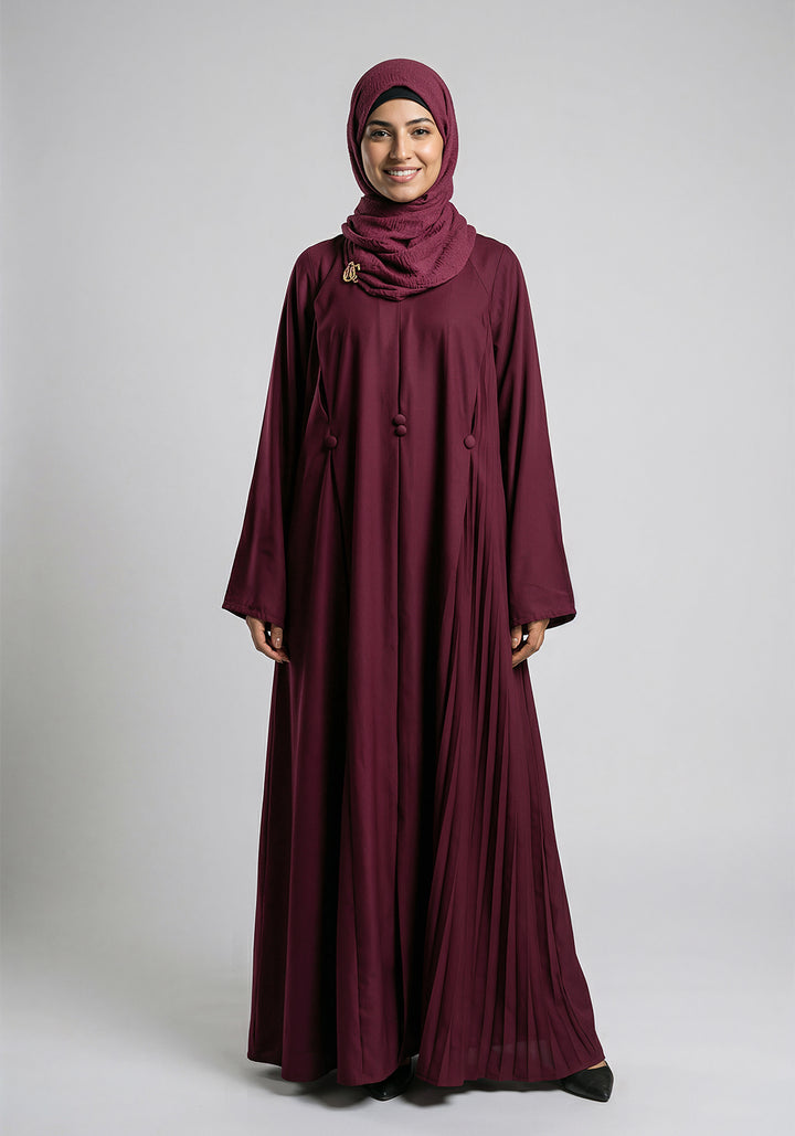 Free Size Pleated Button Abaya - Maroon