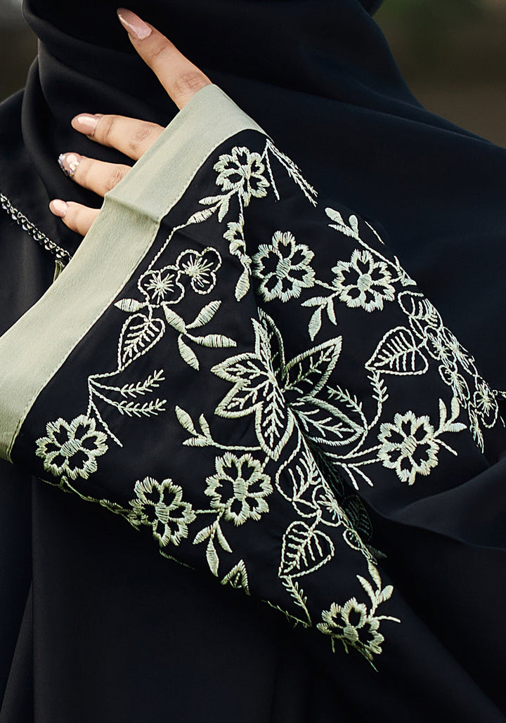 Black Front Open Embroidered  Abaya