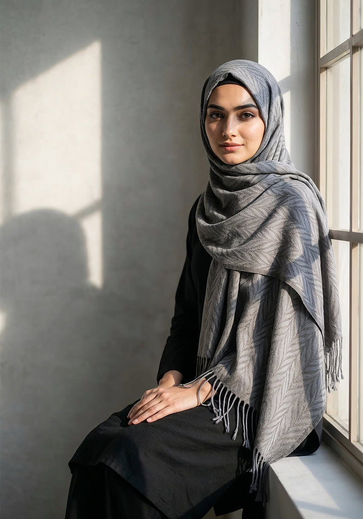 Palm Leaf Cashmere Hijab - Grey
