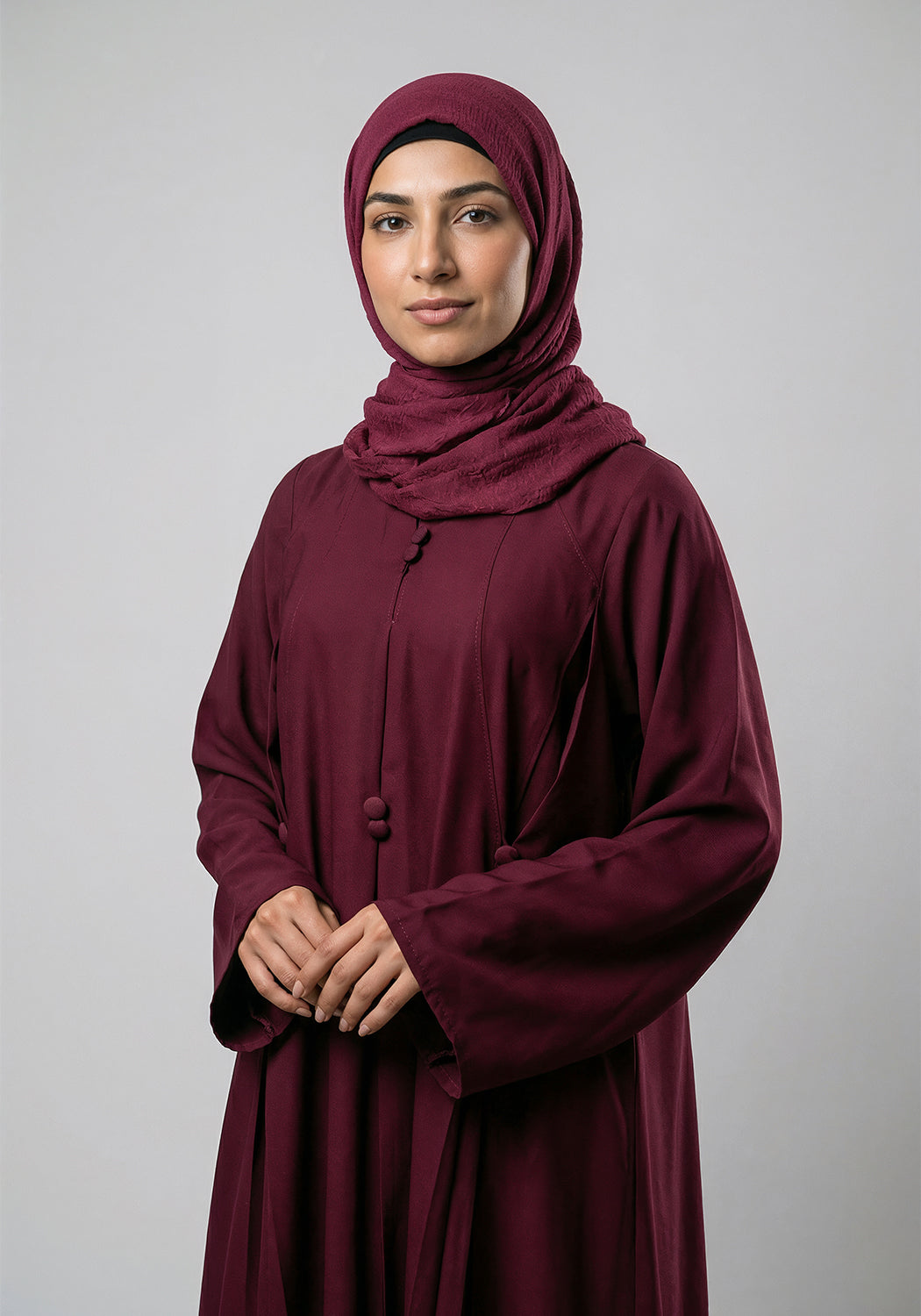 Free Size Pleated Button Abaya - Maroon
