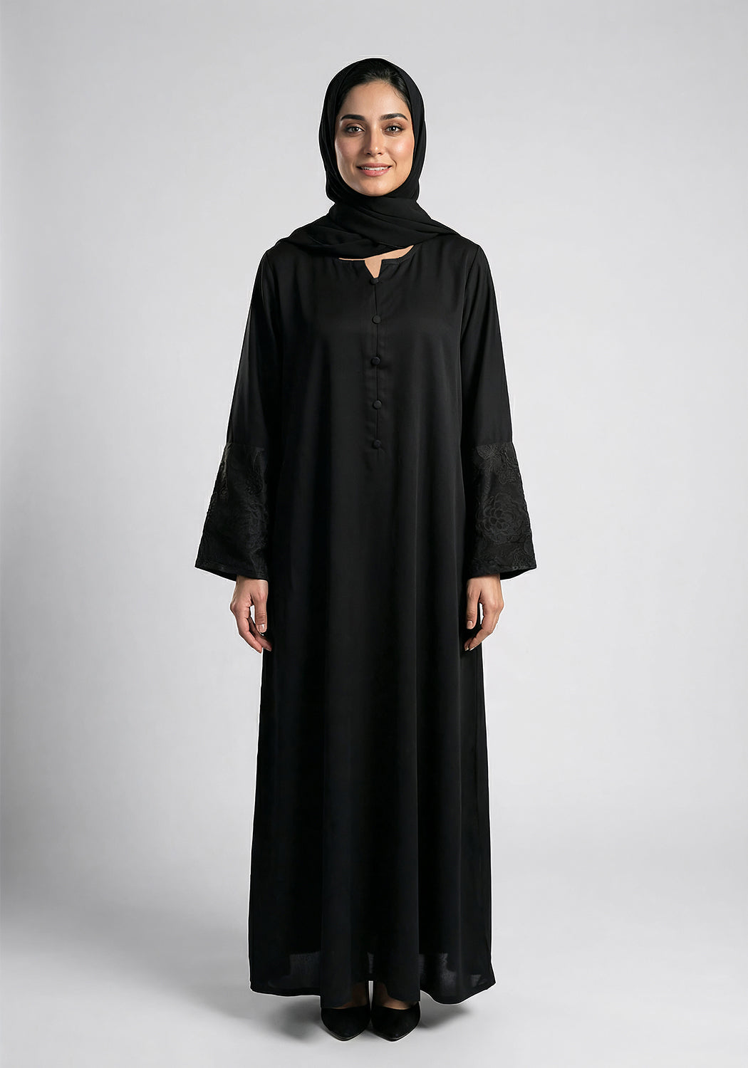 Black Front Close Embroidered  Abaya