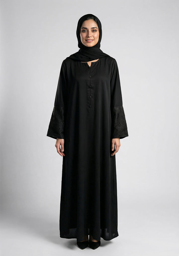 Black Front Close Embroidered  Abaya