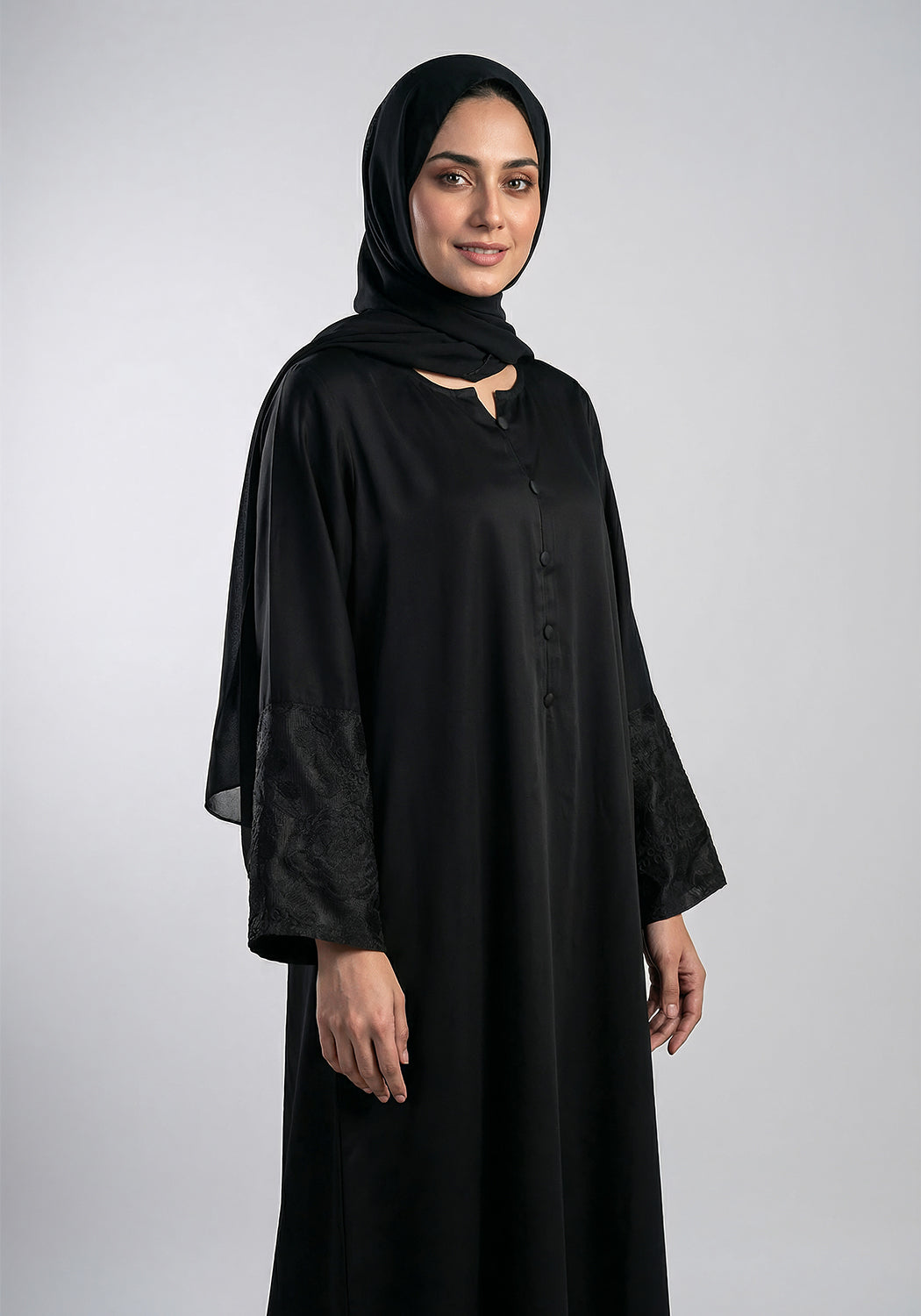 Black Front Close Embroidered  Abaya
