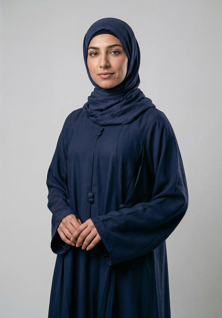 Front Closed Pleated Button Abaya - Navy Blue