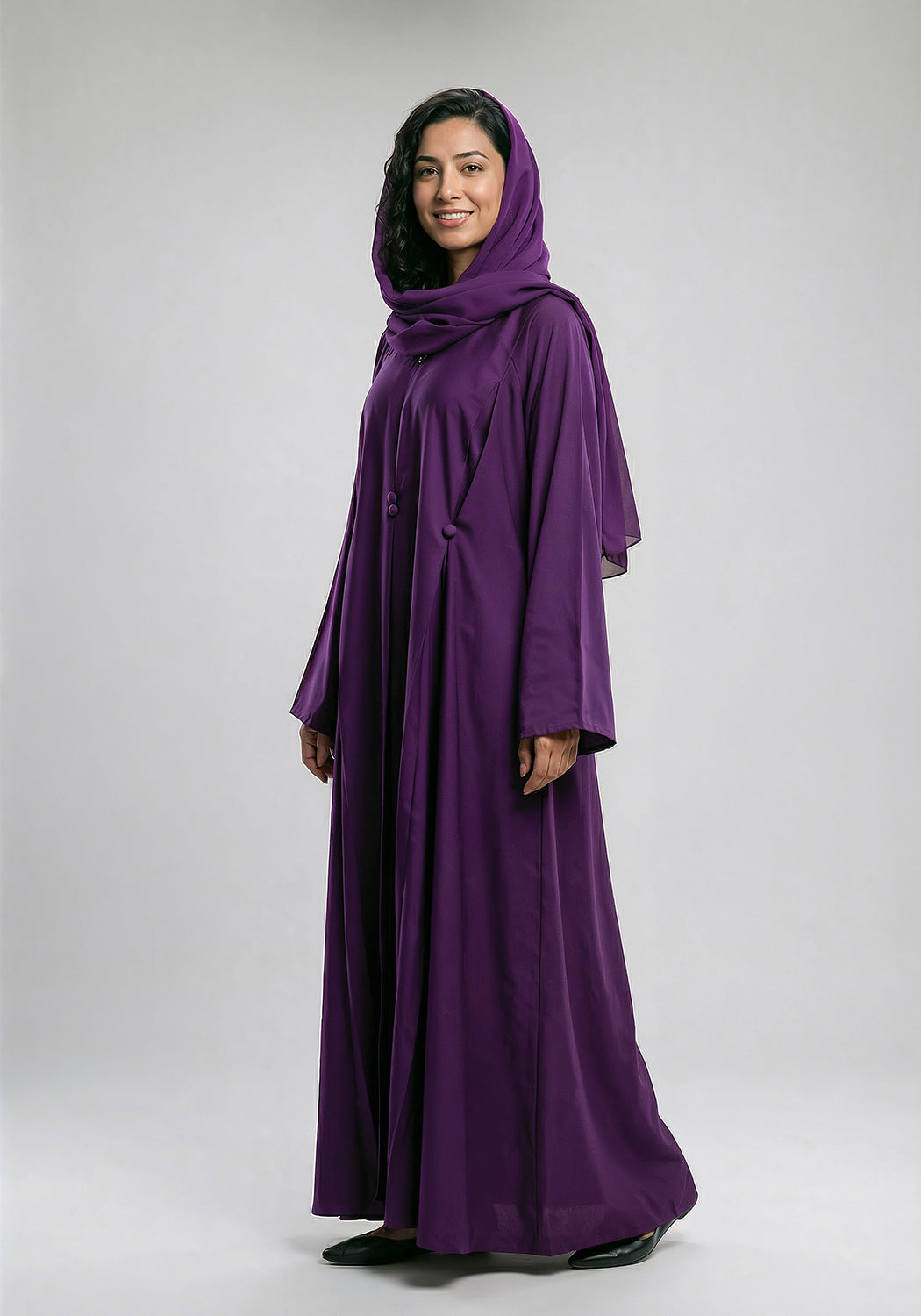 Front Closed Pleated Button Abaya - Purple