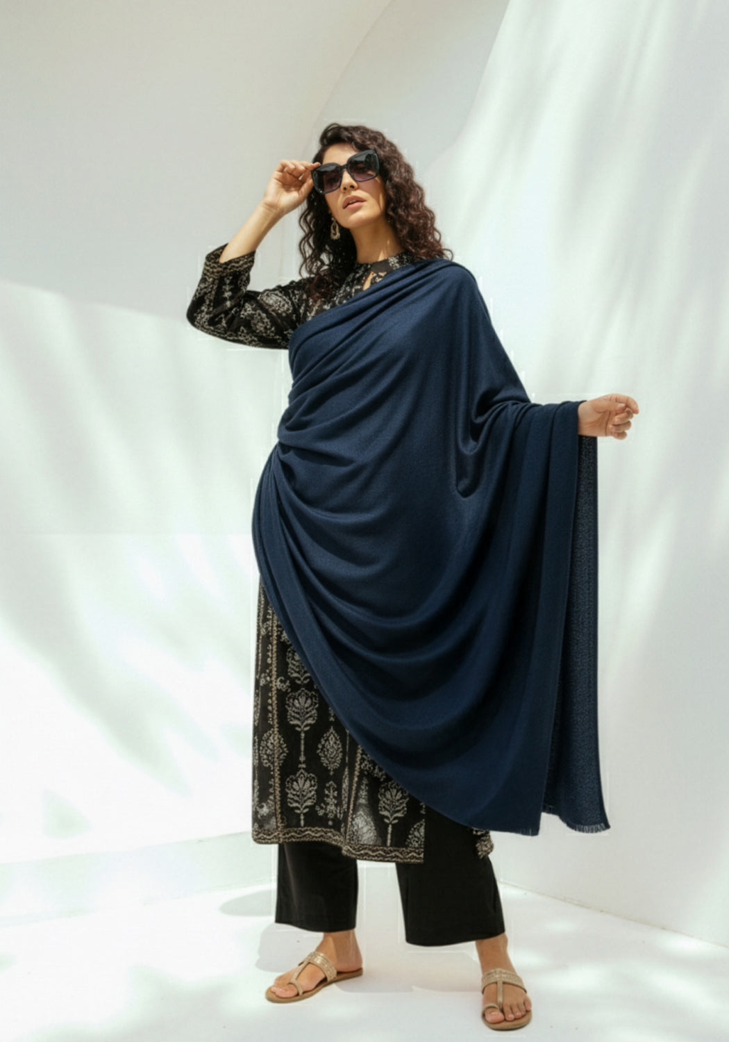 Woolen Cashmere Shawl-Navy Blue
