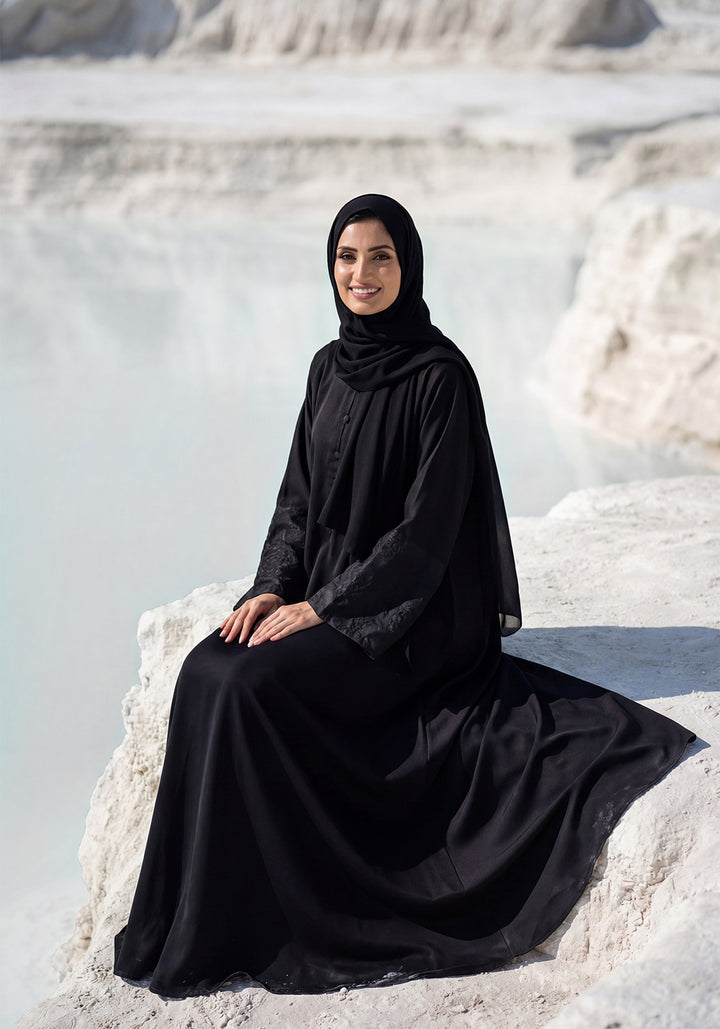 Black Front Close Embroidered  Abaya