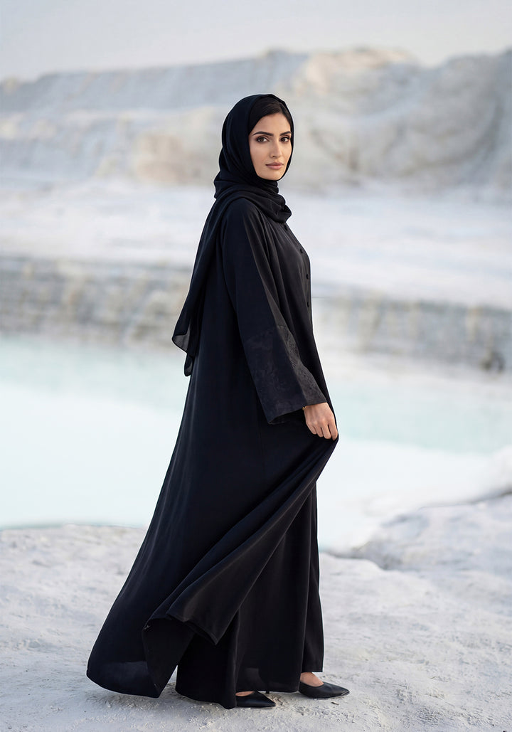 Black Front Close Embroidered  Abaya