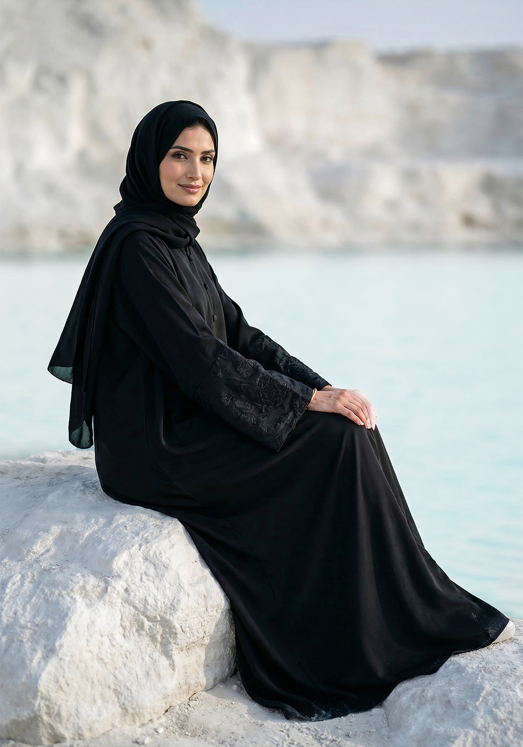 Black Front Close Embroidered  Abaya