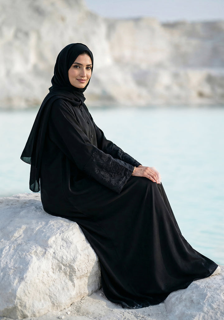 Black Front Close Embroidered  Abaya