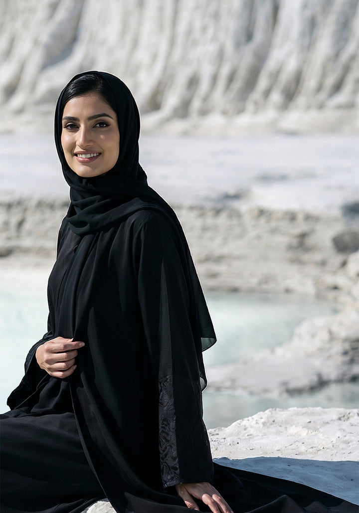 Black Front Close Embroidered  Abaya