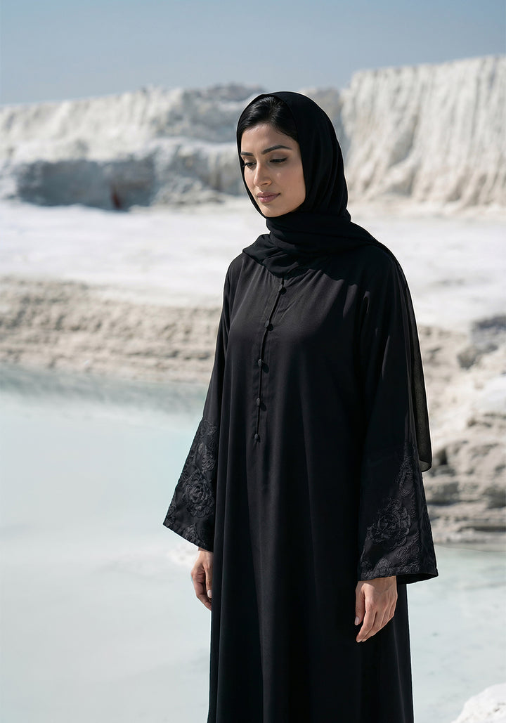 Black Front Close Embroidered  Abaya