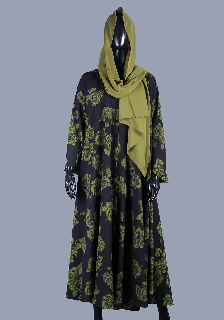 Black and Green Printed Abaya