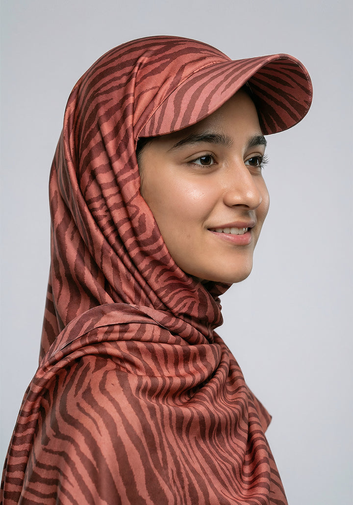 Turkish Hat Hijab - Zebra Print - Rust