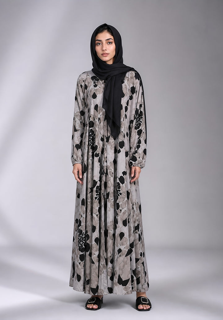 Black Grey Printed Abaya