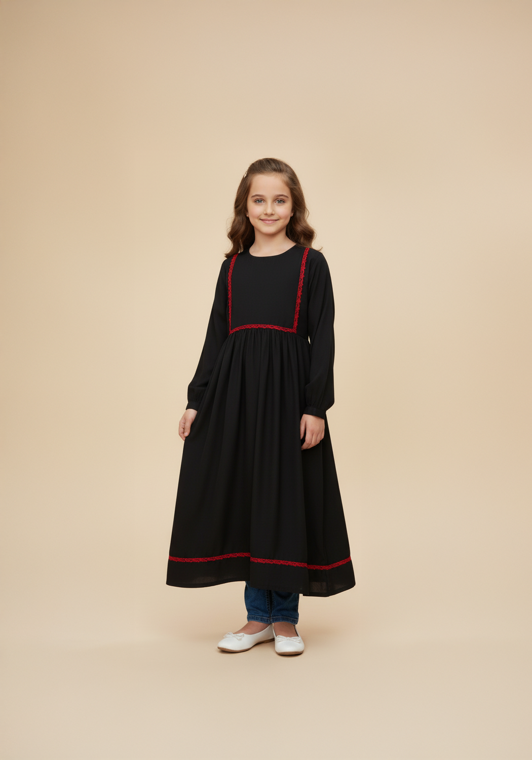 Kids Front Closed Black Red Lace Abaya