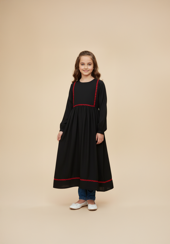 Kids Front Closed Black Red Lace Abaya