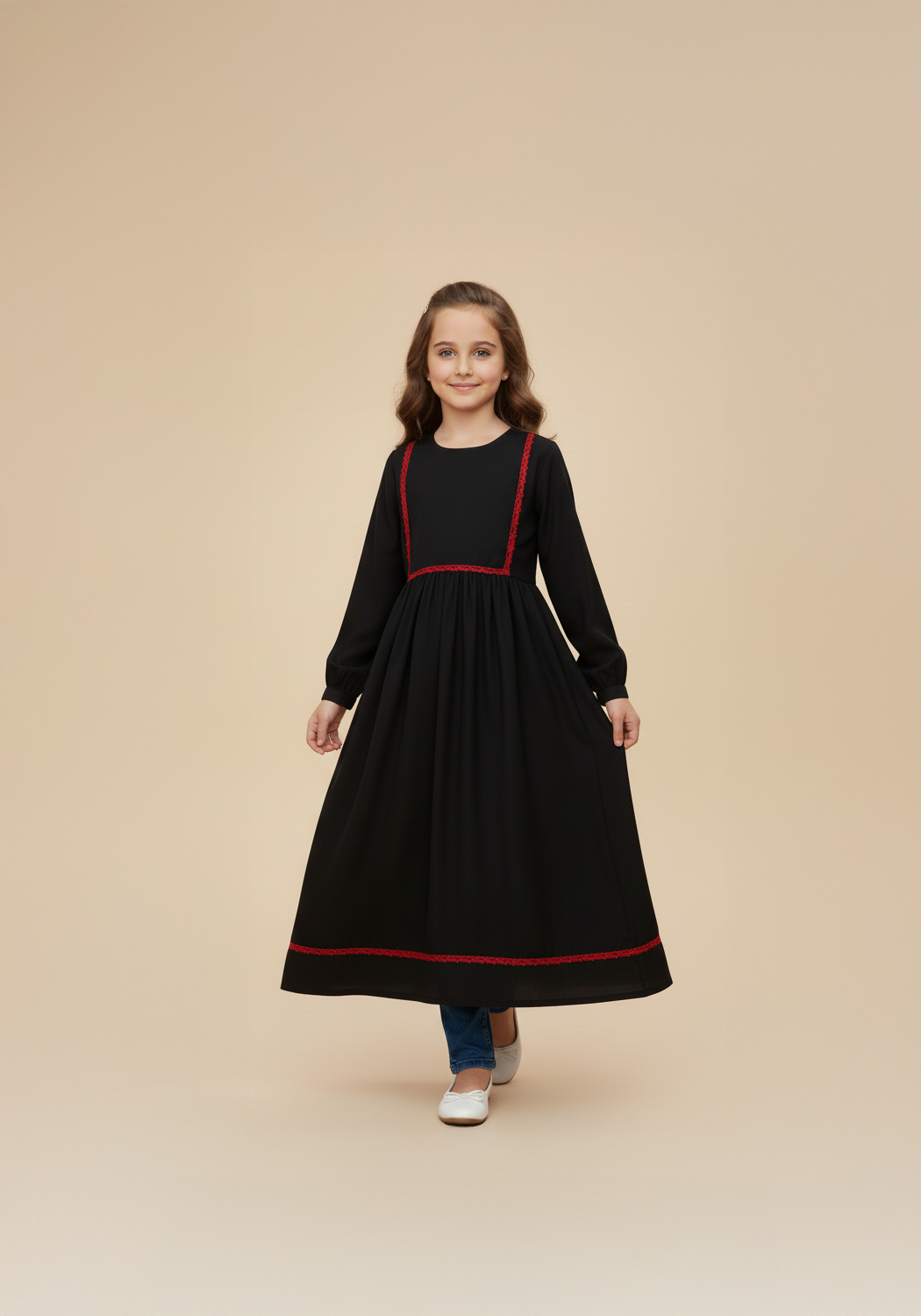 Kids Front Closed Black Red Lace Abaya