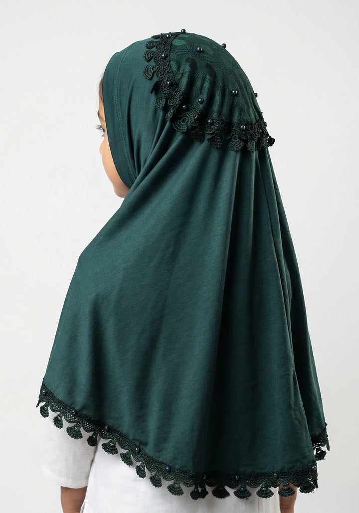 Kids Makhna Lace Hijab - Dark Green