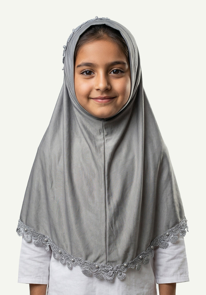 Kids Makhna Lace Hijab - Grey