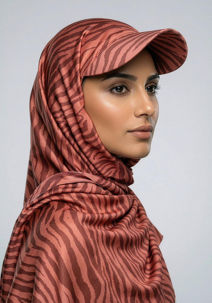 Turkish Hat Hijab - Zebra Print - Rust