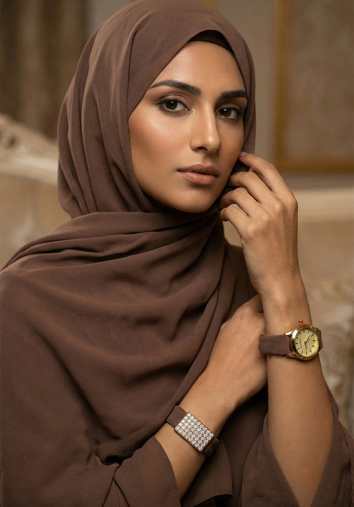 Matching Hijab, Watch & Bracelet Set - Brown