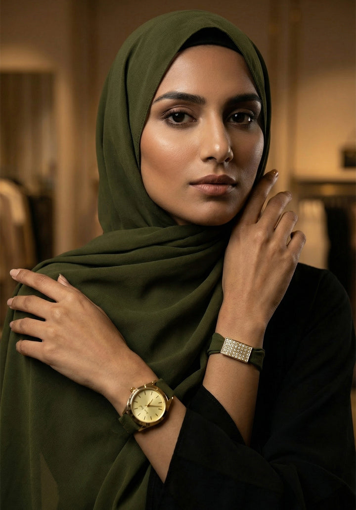 Matching Hijab, Watch & Bracelet Set -Olive Green